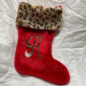 “A” red w/leopard print cuff and letter Christmas stocking